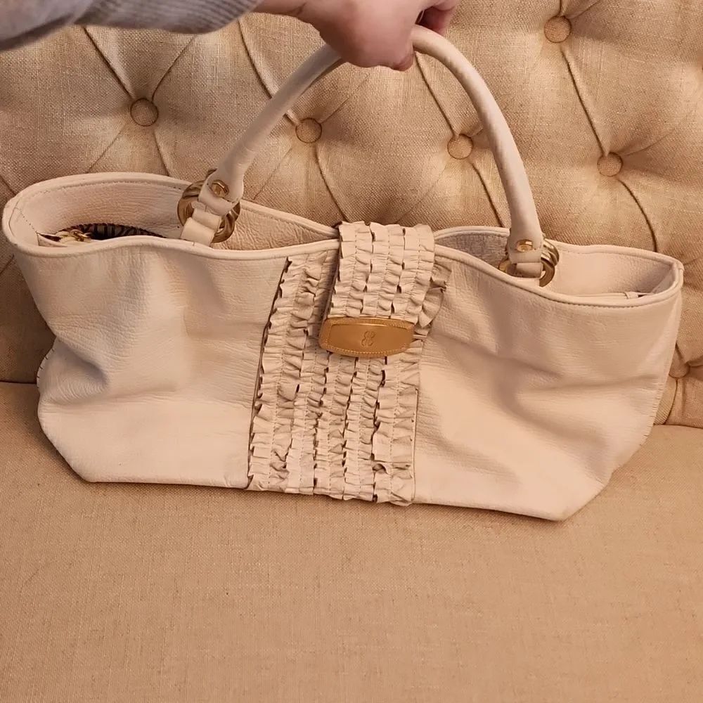 Bill Blass Off White Ruffled Shoulder Bag Purse